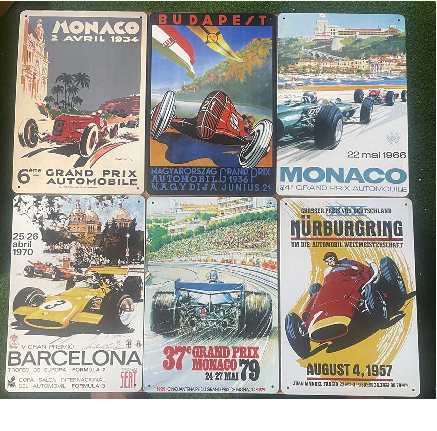 P147 6 Pack Vintage Motor Racing Metal Signs