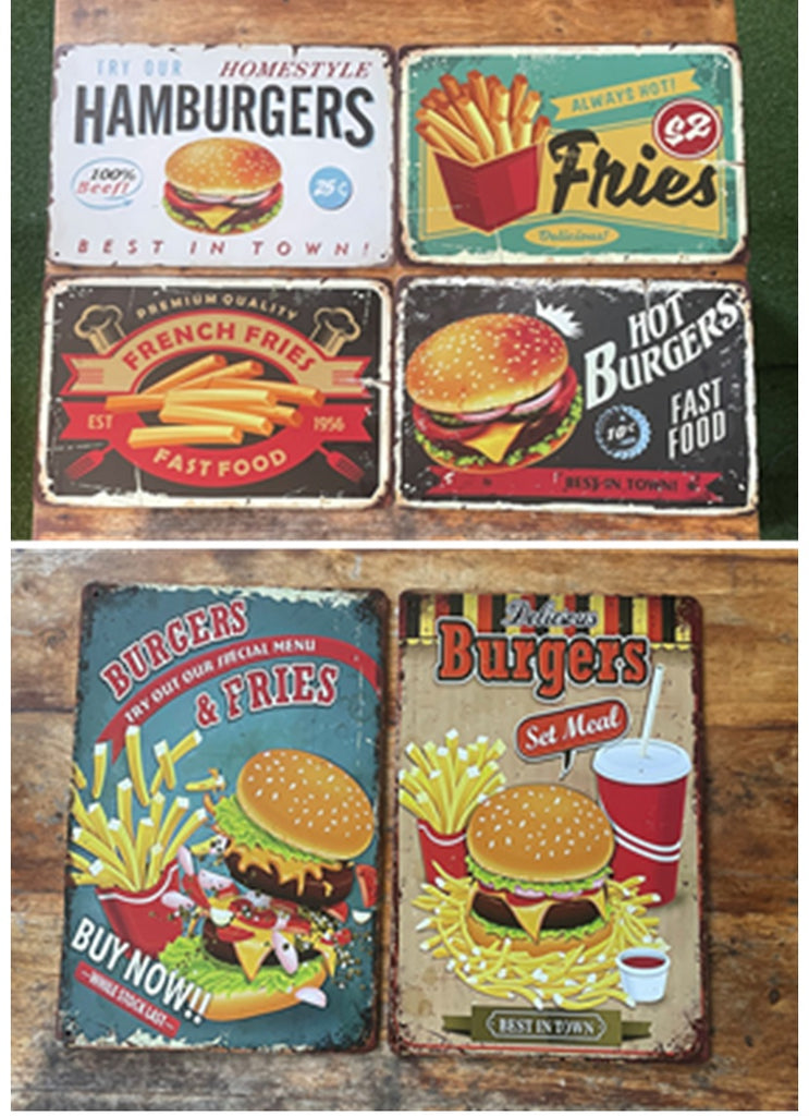 P152 6 Pack Vintage Burger & Fries Signs