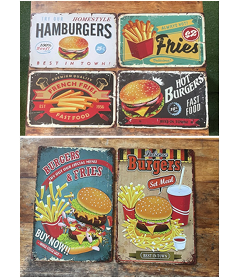 P151 6 Pack Vintage Burger & Fries Metal Sign