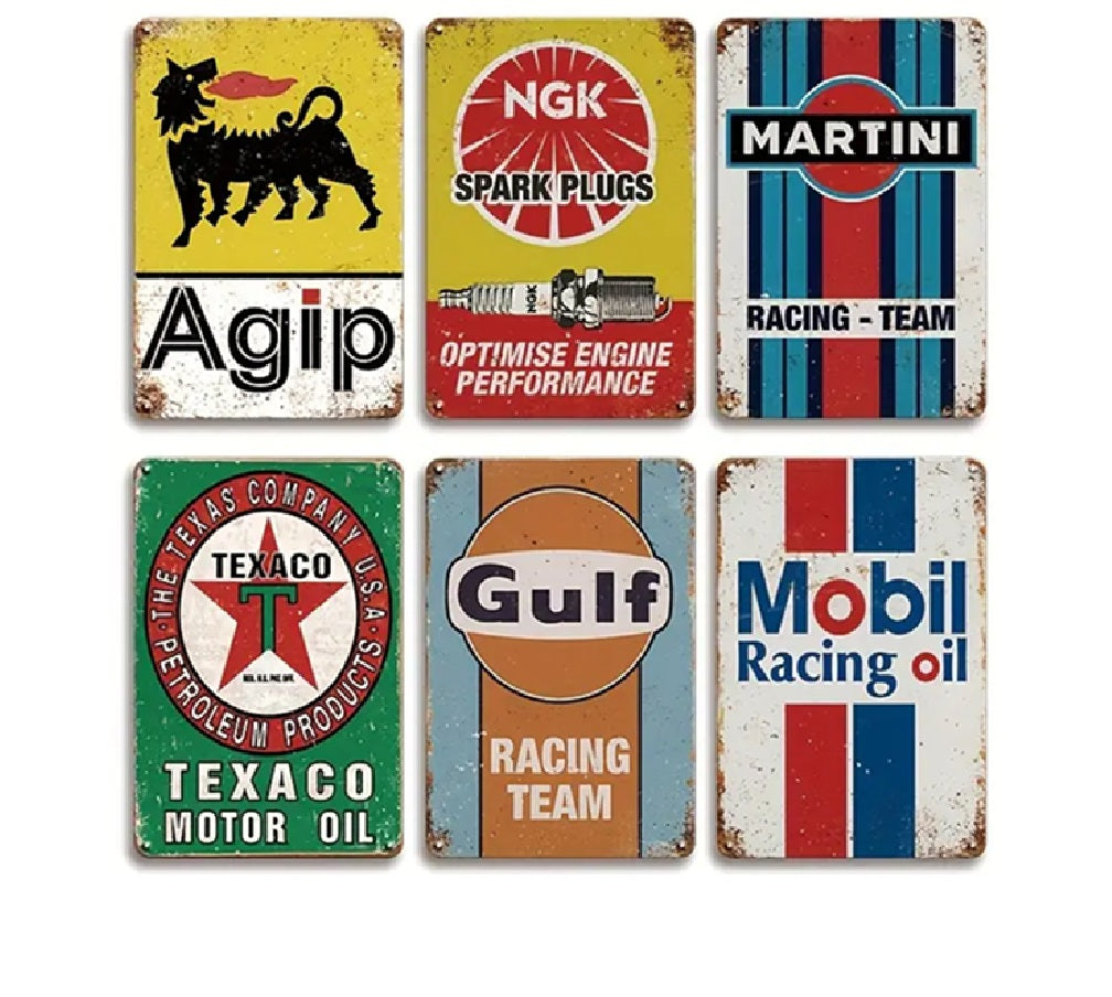 P211 6 Pack Vintage Gasoline Meta Signs