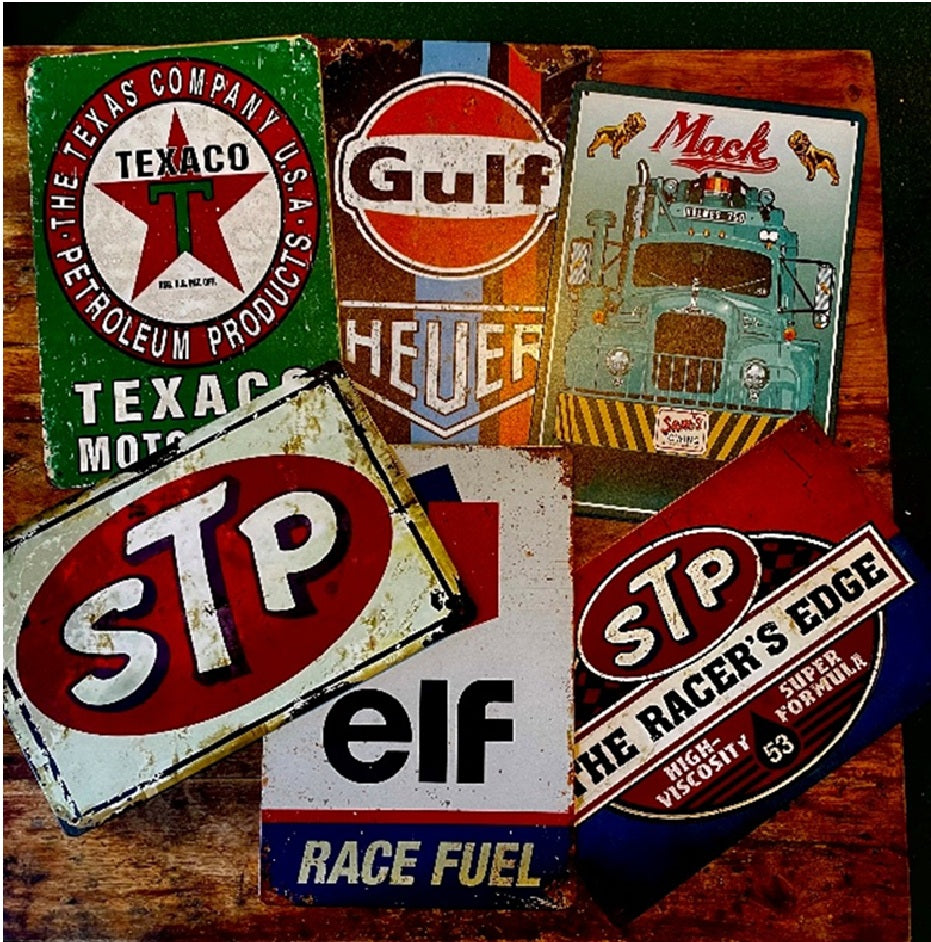 P213 6 Pack Vintage Gasoline Signs