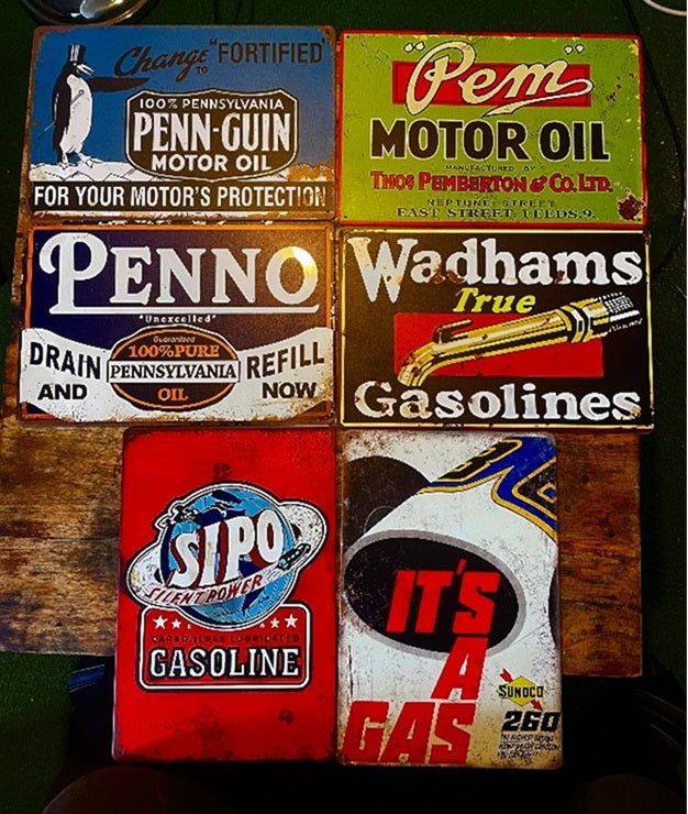 P214 6 Pack Vintage Gasoline Signs
