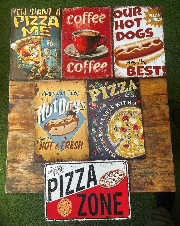 P270 6 Pack Vintage Pizza, Hot Dogs & Coffee Signs