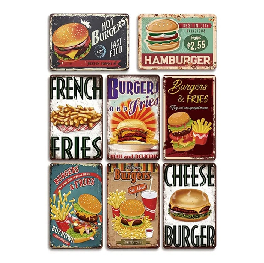 P93 8 Pack Retro Burger & Fries Metal Signs