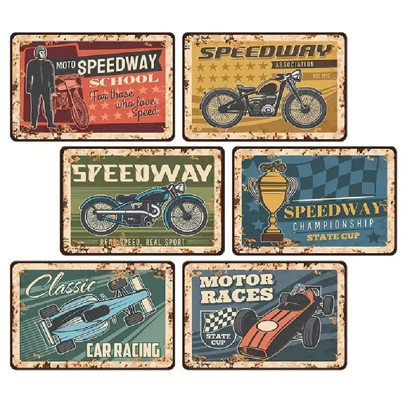 P186 6 Pack Vintage Motor Racing Metal Signs